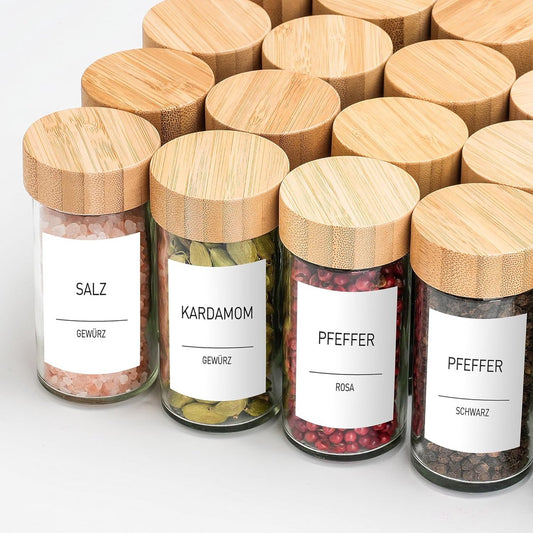 Round Spice Jars [12 x 100 ml] 399 Spice Labels, Bamboo Lid, Spice Container with Wooden Lid and Many Accessories, Spice Jar Set, Set of 24, Spice Storage, Spice Organizer