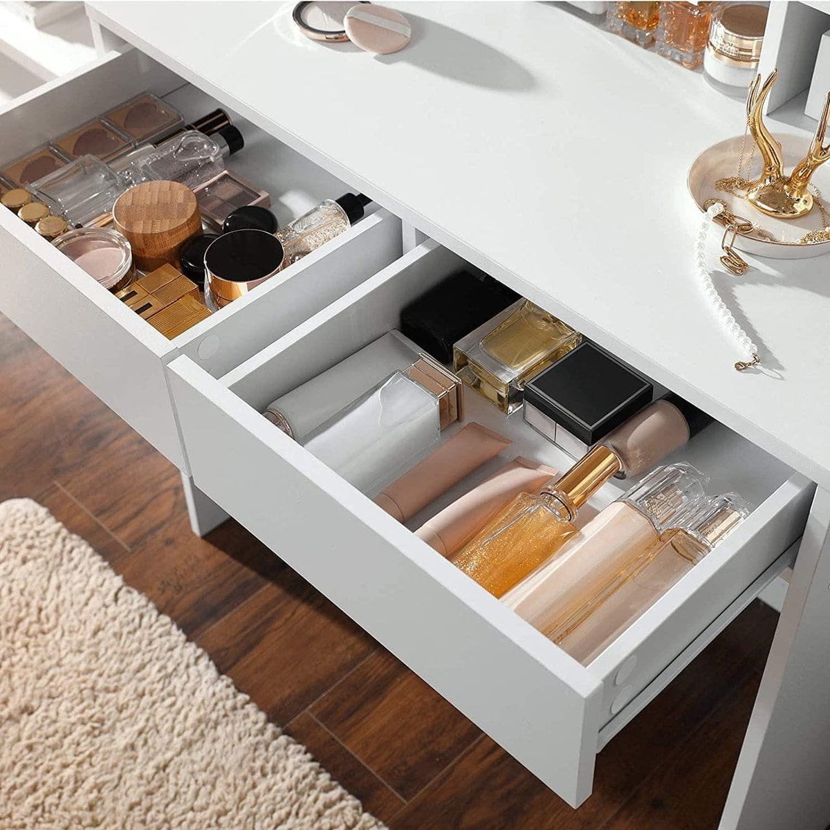 ZaZa Home & Office - kaptafel met spiegel en gloeilampen - cosmetische tafel - 2 lades - 3 open vakken - wit