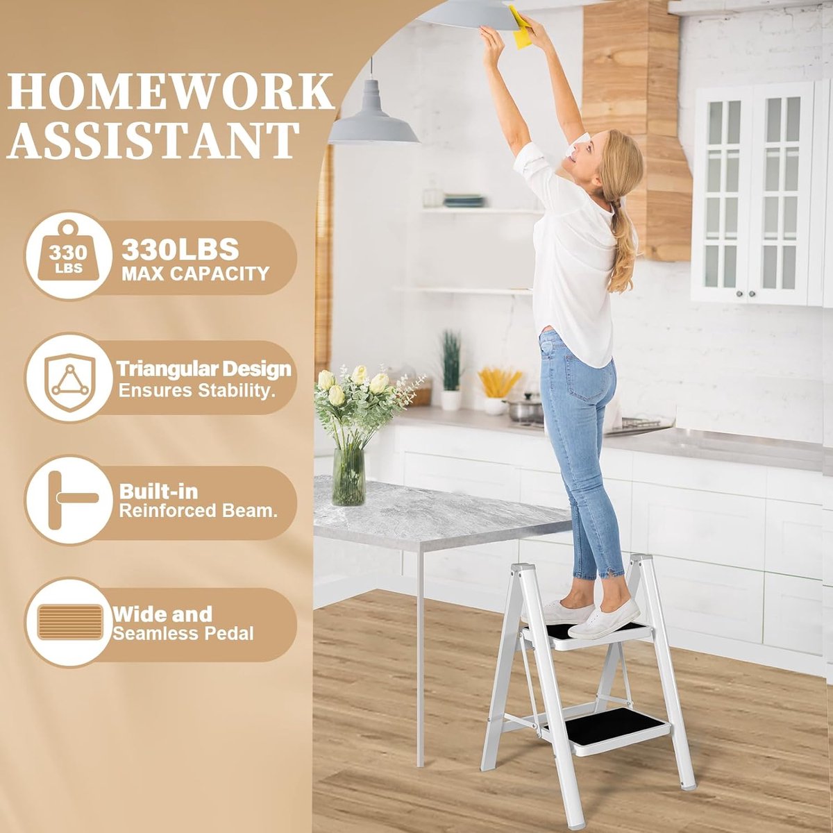 Stepladder, 2 steps, foldable, ladder with wide non-slip pedal, step stool with 150 kg capacity, white