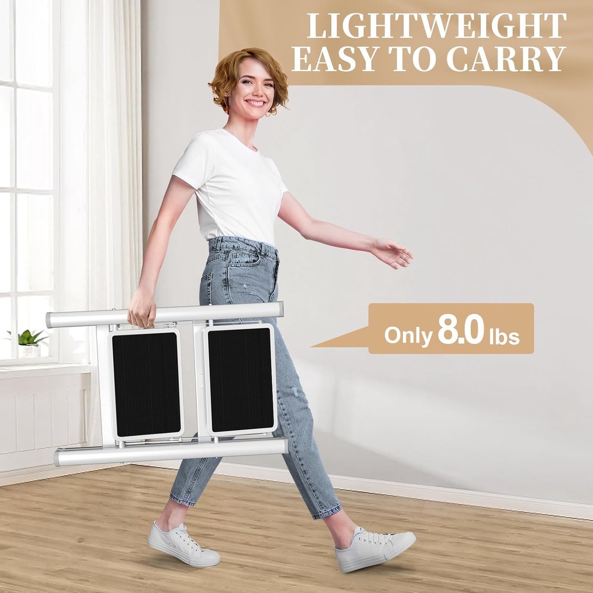 Stepladder, 2 steps, foldable, ladder with wide non-slip pedal, step stool with 150 kg capacity, white