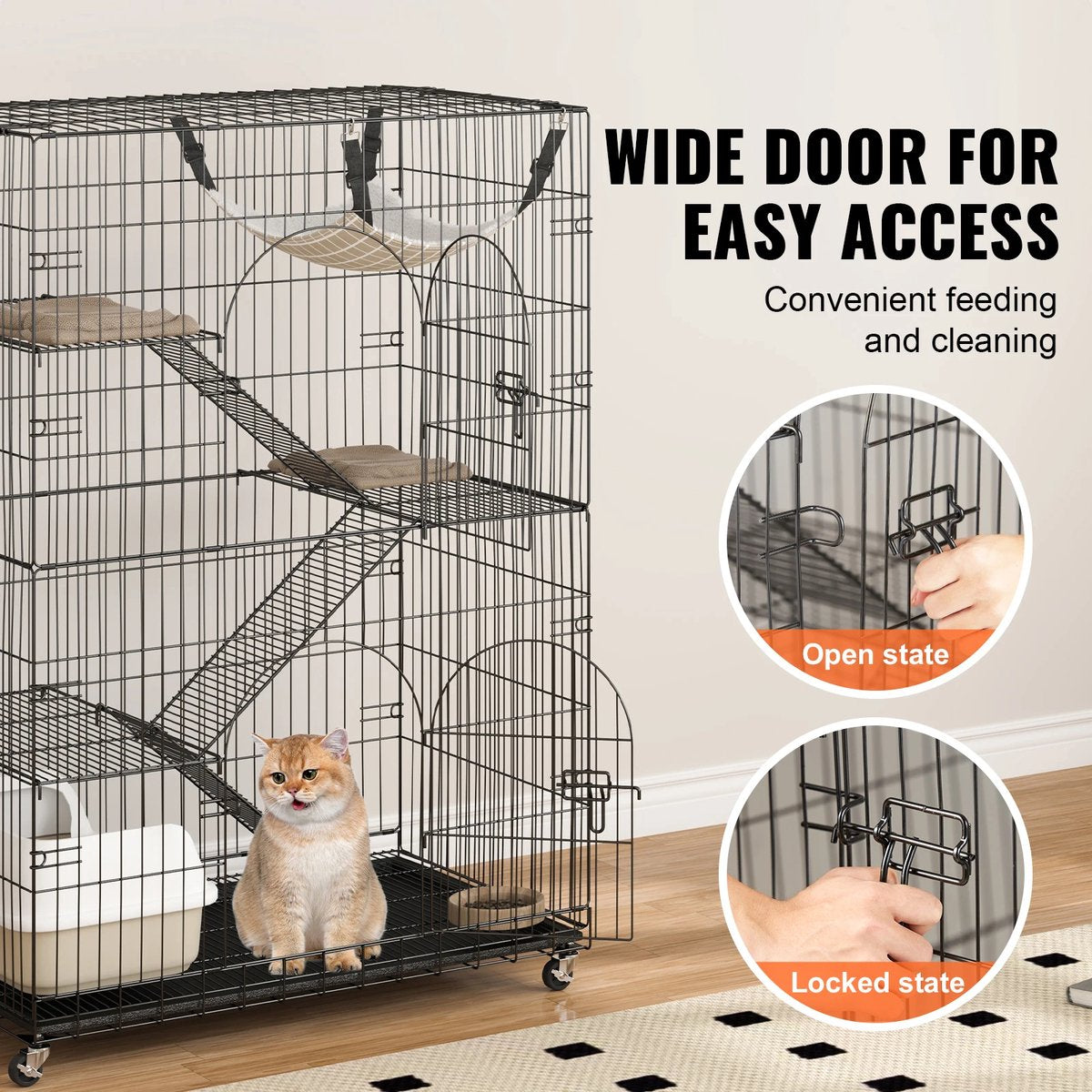 Verplaatsbaar Dierenverblijf - Kattenren - Kattenbench - Binnen & Buiten - Zwart - 90x60x133CM - Ook Geschikt Voor Cavia, Fret, Konijn, Hamster,, Vogel - Draadkooi - Groot Formaat - Inklapbaar - 4 Lagen - 30KG Draagvermogen