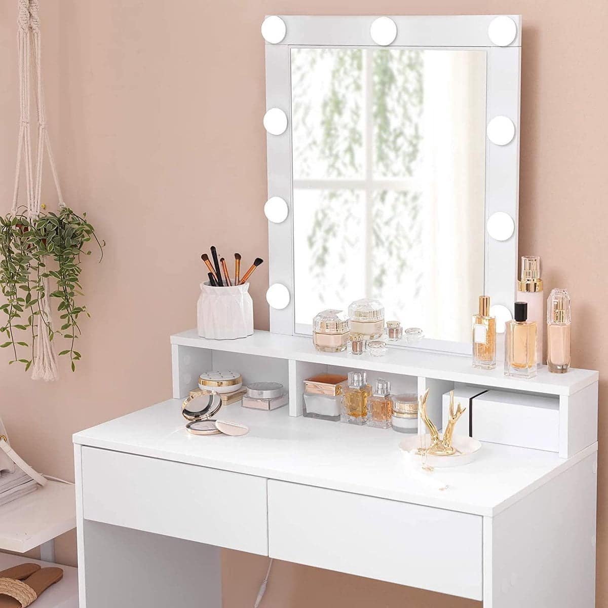 ZaZa Home & Office - kaptafel met spiegel en gloeilampen - cosmetische tafel - 2 lades - 3 open vakken - wit