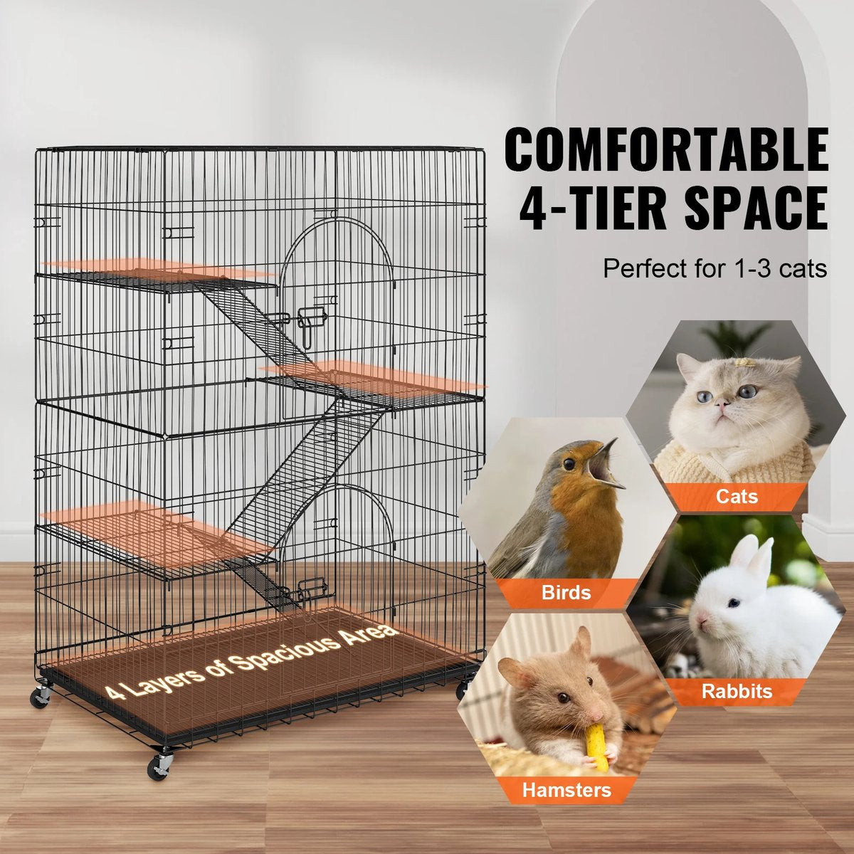 Verplaatsbaar Dierenverblijf - Kattenren - Kattenbench - Binnen & Buiten - Zwart - 90x60x133CM - Ook Geschikt Voor Cavia, Fret, Konijn, Hamster,, Vogel - Draadkooi - Groot Formaat - Inklapbaar - 4 Lagen - 30KG Draagvermogen