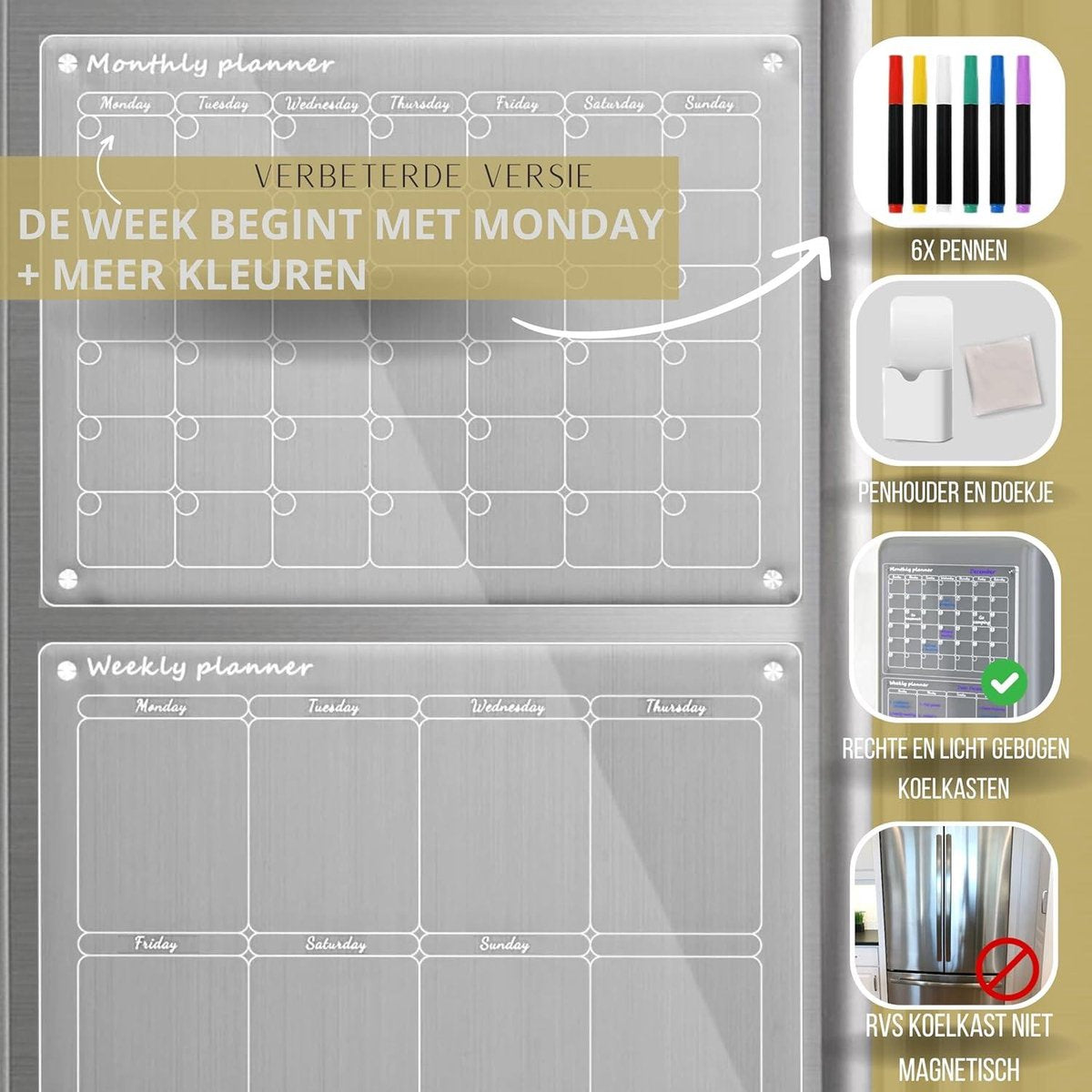 Whiteboard Maandelijkse en Wekelijkse Planner - Afsprakenplanner TO DO - Transparante Magnetische Kalender - Huis- en Gezinsorganizer - Acryl - Afveegbaar - 40.6 x 30.5 cm - 5-Delige Set Whiteboard