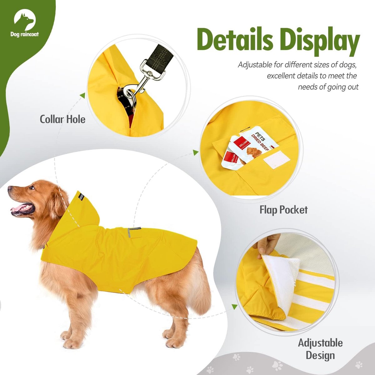 Dog Raincoat with Hood, Collar Hole and Safe Reflective Strips, Ultralight, Breathable, 100% Waterproof Rain Jacket for Medium to Large Dogs, Yellow, 4XL