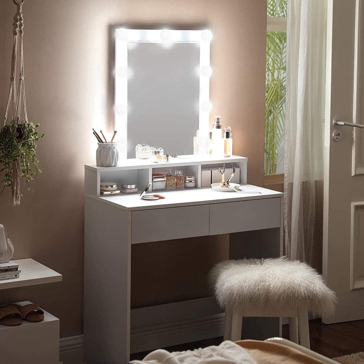 ZaZa Home & Office - kaptafel met spiegel en gloeilampen - cosmetische tafel - 2 lades - 3 open vakken - wit