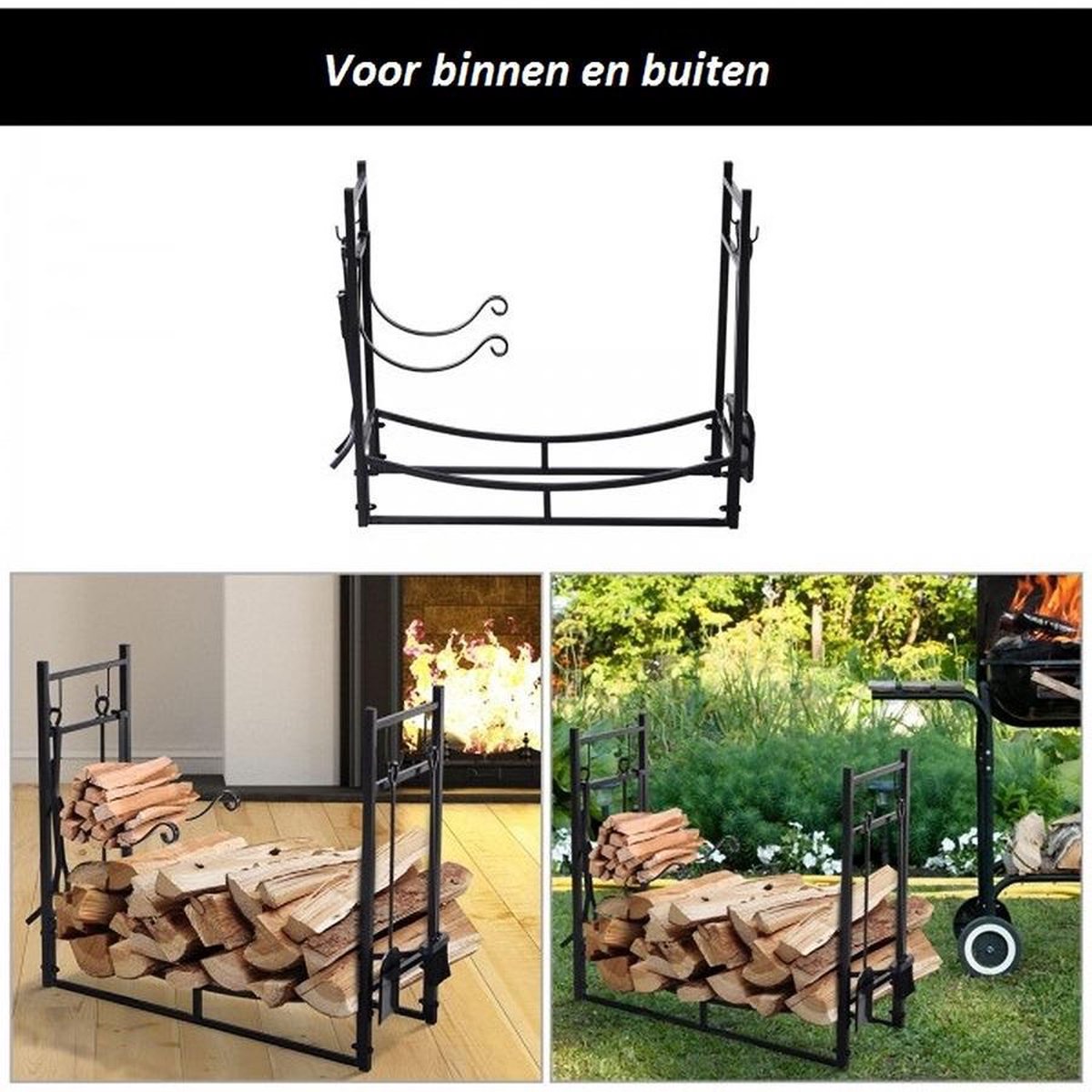 Log basket – Wood storage – Firewood storage – Wood basket – Black – Indoor and outdoor - 84 x 33 x 76 cm