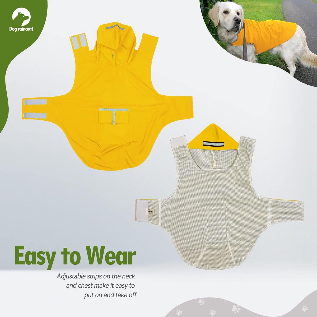 Dog Raincoat with Hood, Collar Hole and Safe Reflective Strips, Ultralight, Breathable, 100% Waterproof Rain Jacket for Medium to Large Dogs, Yellow, 4XL