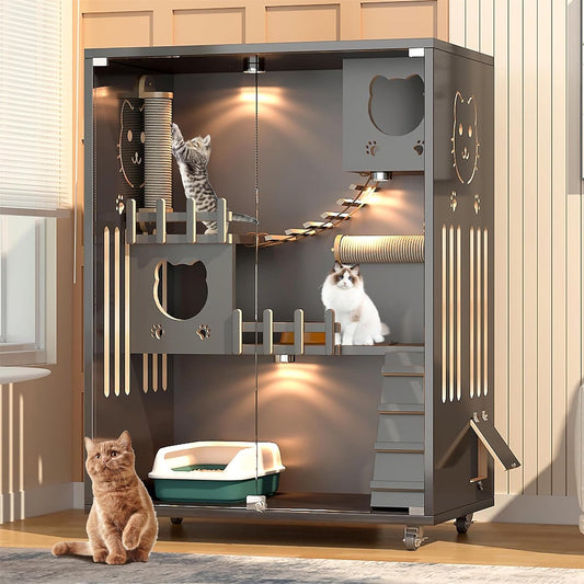Large houten kattenhuis met wielen 90 x 60 x 125 cm - Kattenvilla met ledverlichting - Winterbestendig kattenhuis - Kattenbed voor huisdieren