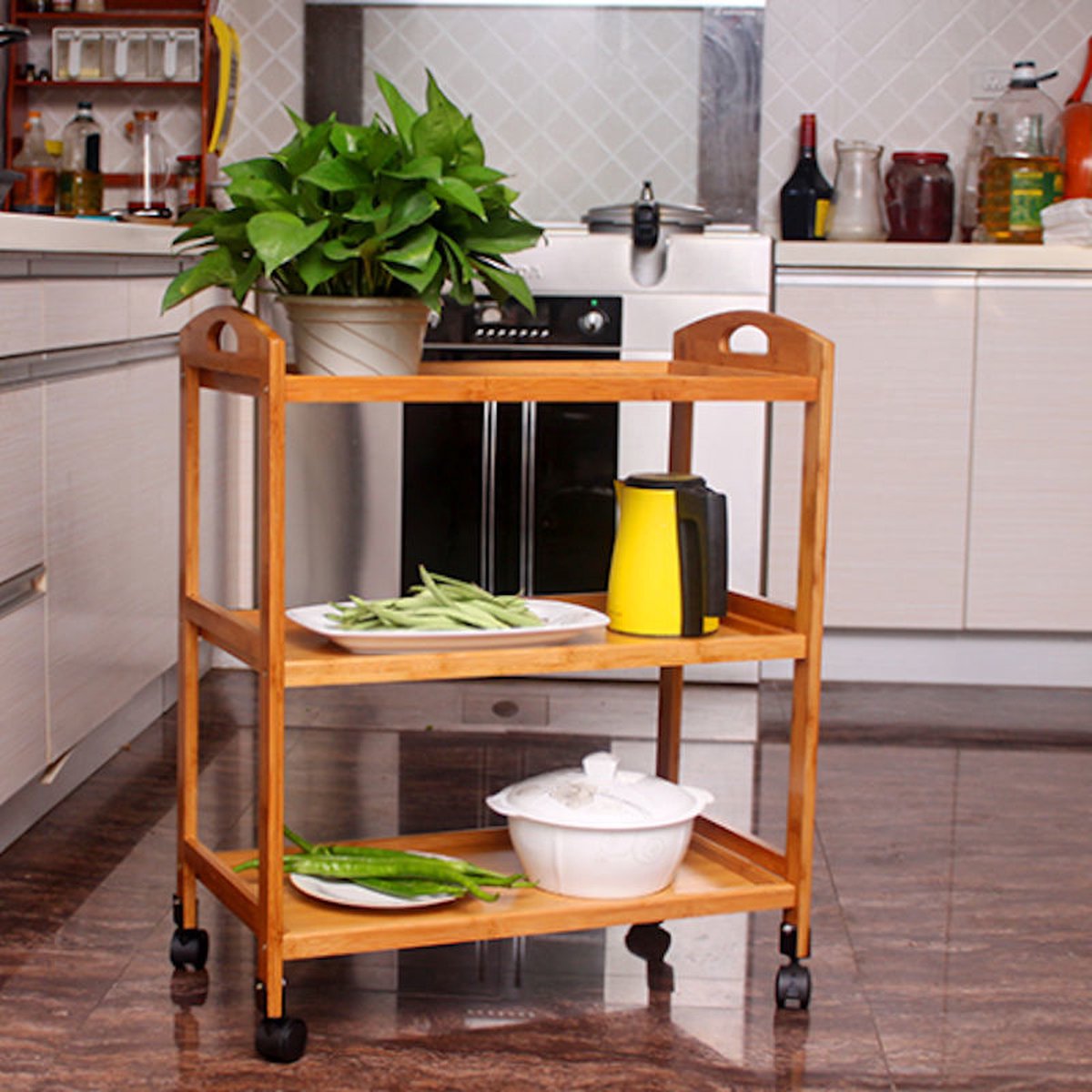 Decopatent® Keukentrolley op wieltjes - 3 laags bamboe houten keukenwagen - serveerwagen trolley met 4 wielen - keukentrolley