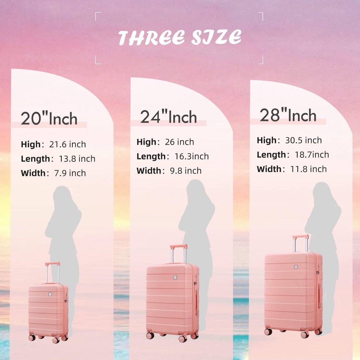 3-delige bagagesets, koffer met spinnerwielen, bagageset voor dames, lichtgewicht wielen, bagage met TSA-slot, roze