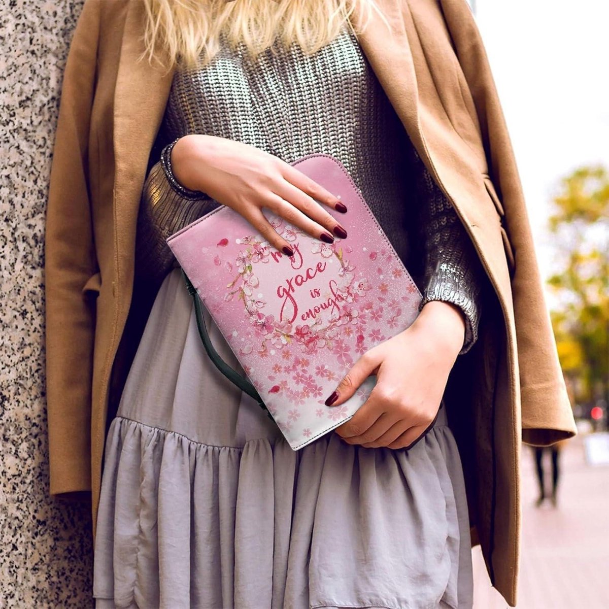Grote leren Bijbelhoes met ritssluiting - Bijbelhoes voor dames met roze bloemen - Kerkboek draagtas Bijbelhoes