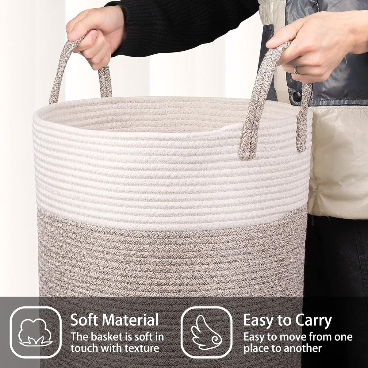 Braided Cotton Laundry Basket, 53 Litres, Laundry Hamper with Handle, Laundry Basket Toy, Laundry Hamper Storage Box for Nursery, Living Room, Bathroom, 46 x 38 cm