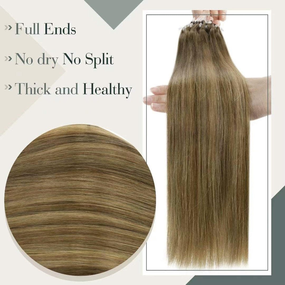 LaaVoo Micro Loop Hair Extensions 18"/45cm 50g/50s #8/16/8 Balayage Lichtbruin naar Goudblond met Lichtbruine Micro-ring Echt Haar Extensions Micro Rings Human Hair Extension