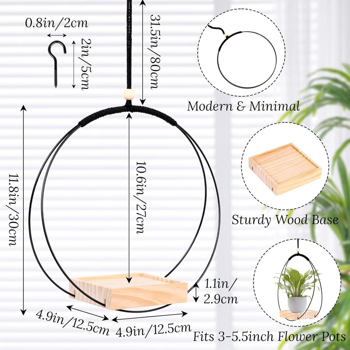 Hanging planters - 2 Sumotia pieces with wooden base metal ring and hanging loop - round black planters for indoors, walls and ceilings