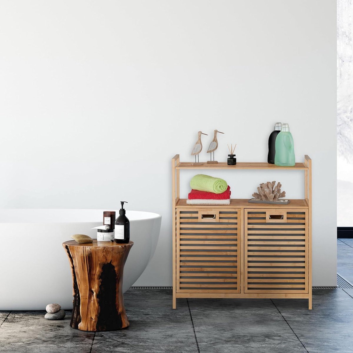 Laundry basket - 2 compartments - tiltable laundry bins - 40 litres per compartment - bamboo and fabric - natural look Laundry basket 3.0