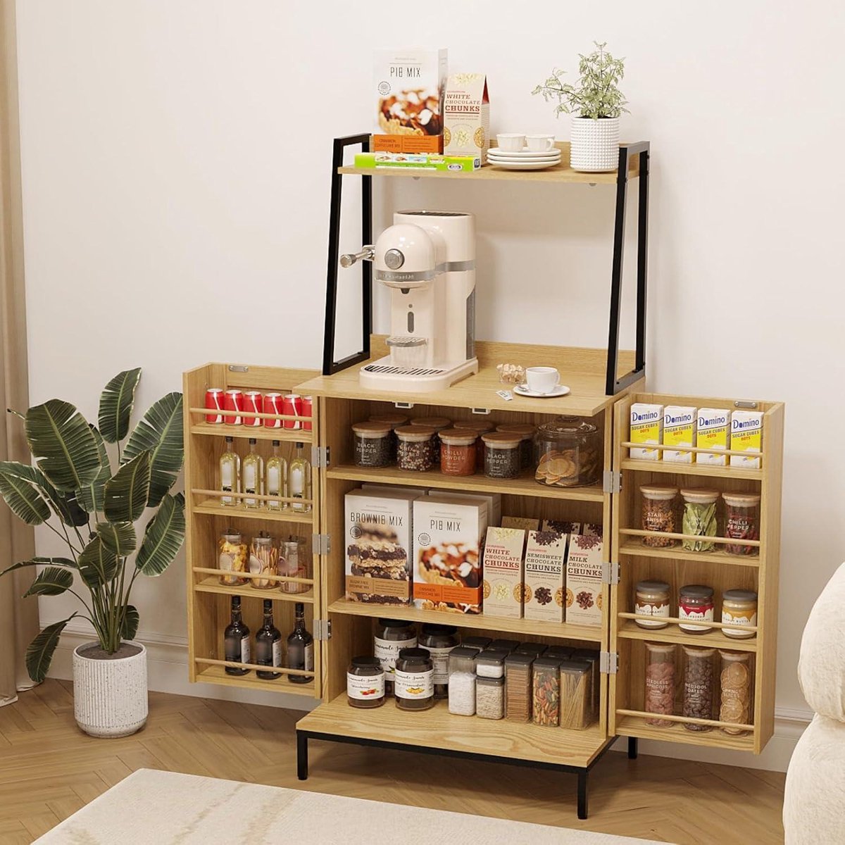49.6" Kitchen Pantry Rattan Doors Adjustable Shelves Microwave Stand Coffee Bar Cabinet Natural microwave cabinet