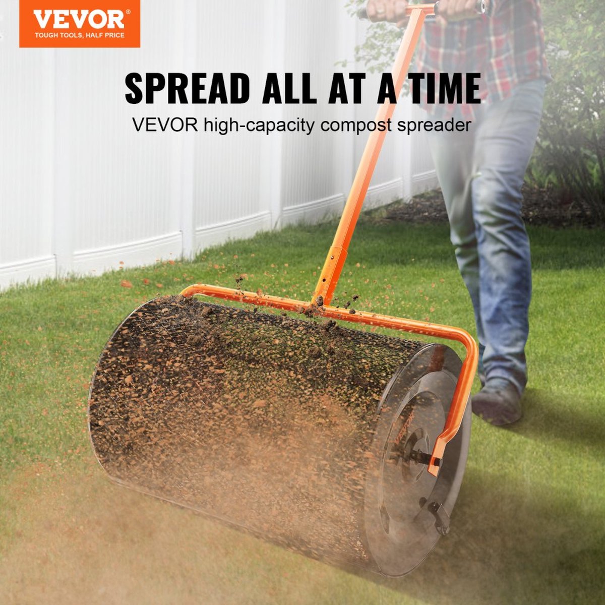 Compoststrooier van staal Turfmosstrooier 1,27x2cm gaasmand Tuingazonstrooier Handgreeplengte verstelbaar van 62 tot 67,5cm 61cm metalen gaasmand Ideaal voor kunstmest zoals compostmestgrond veenmos