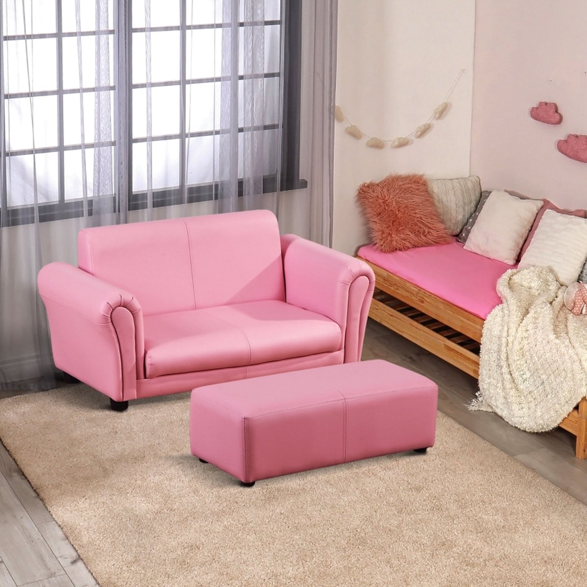 Kinderbank met Hocker - Kinderfauteuil - Kinderzetel - Kindermeubels - Zitbank - Roze - 83 x 42 x 41 cm