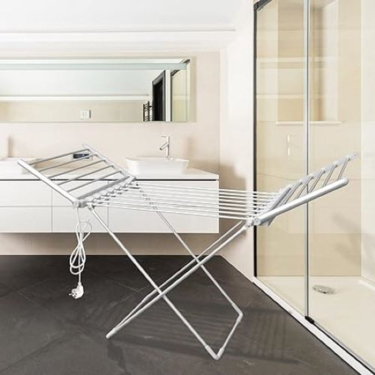 Wasdroger - Wasdroogrek - Opvouwbare Elektrische Kledingdroger - Efficiënt en Ruimtebesparend - 18 stangen verwarmde badkamerdroger - 230 W - 145 cm - Aluminium zilver - Sneldrogend - Kleding - Beddengoed