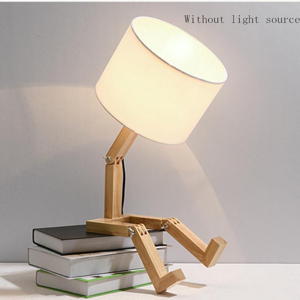 TDR - LED-bureaulamp met boekenhouder - Scandinavisch design - Witte stoffen kap - Houten mannetje met verstelbare gewrichten - Exclusief lichtbron
