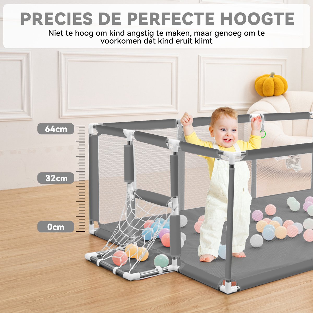 Grondbox - Baby Speelbox - 181x122cm Rechthoekig Groot Formaat Met Basketbalkorf - Grijs