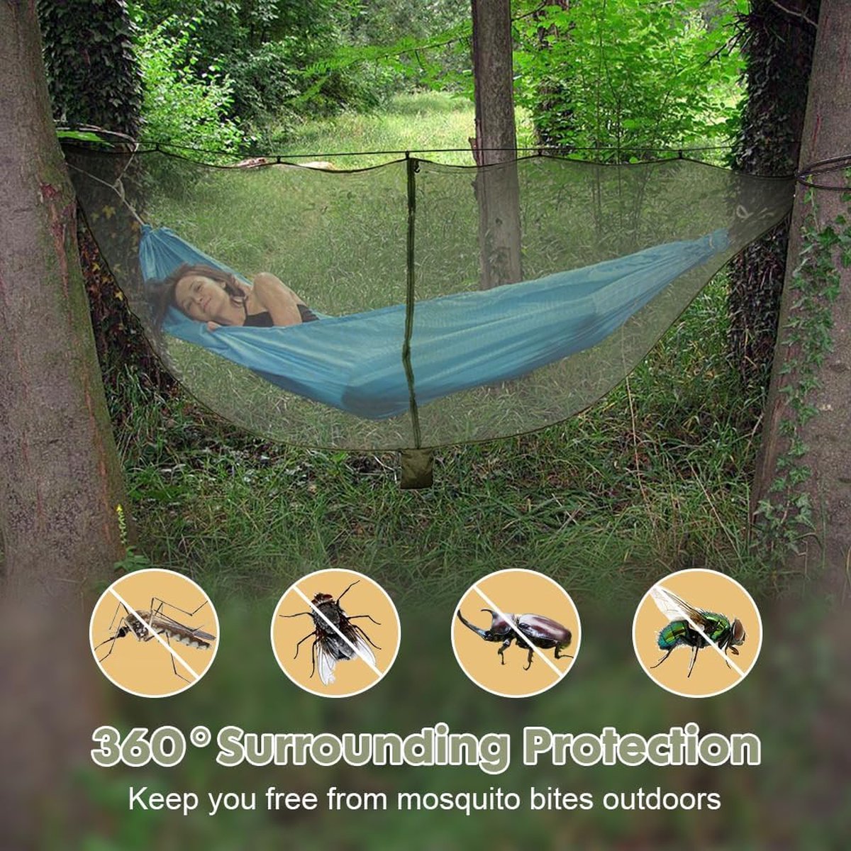 Hangmat Klamboe, Camping Hangmat Net 360 Graden Bescherming Polyester Net met Dubbelzijdige Rits Lichtgewicht Reizen Camping Hangmat Insectennet voor Wandelen Reizen Buiten