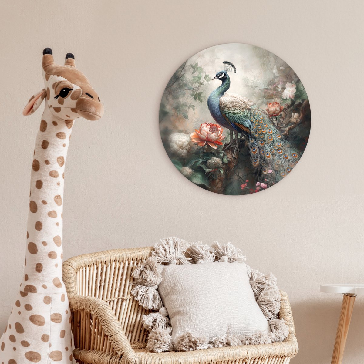 WallCircle® Wandcirkel 60x60 cm - Muurcirkel Pauw - Pauwenveren - Vogel - Bos - Jungle - Bloemen - Muurdecoratie woonkamer - Wanddecoratie slaapkamer - Kamer decoratie accessoires - Ronde schilderijen - Woonaccessoires cirkel binnen