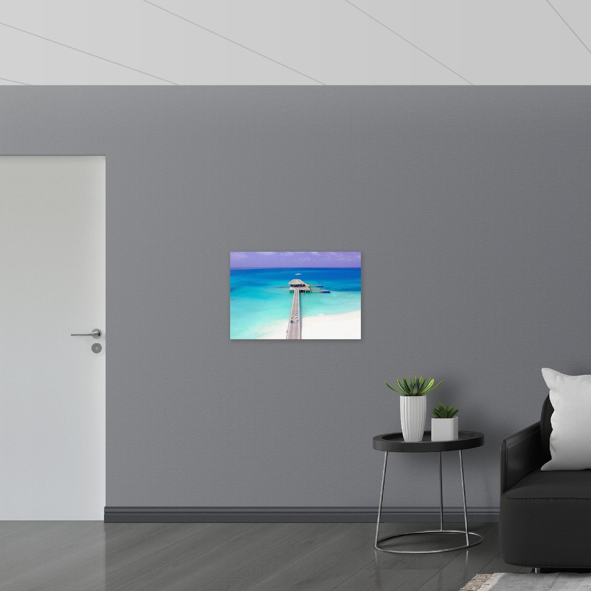 Dibond - Pier with House on Sea and Clear Blue Water - Maldives - 75x50 cm Photo on Aluminum (With Hanging System)
