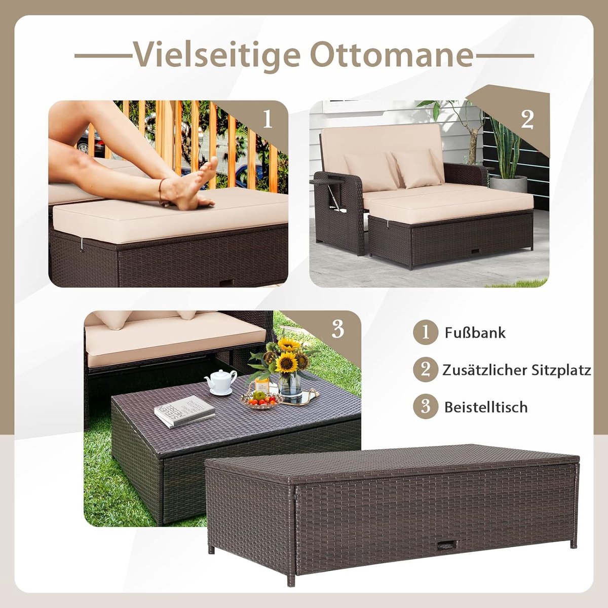 Rieten bankstel - 2-zits fauteuil met voetenbank en 2 bijzettafels, terrasbank, slaapfunctie, lounge tuinbank, verstelbaar voor buiten, balkon en tuin, 170 x 120 x 91 cm