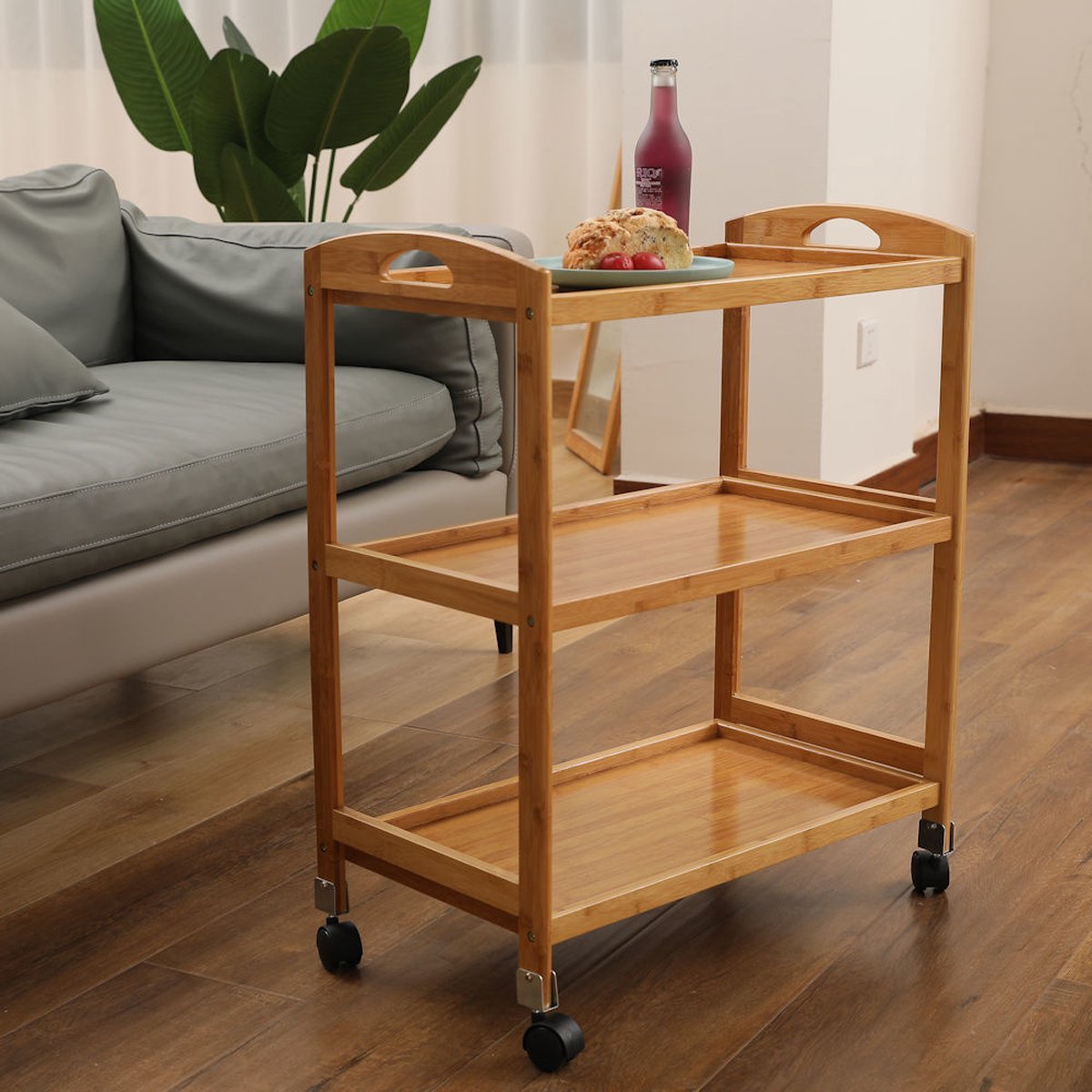 Decopatent® Keukentrolley op wieltjes - 3 laags bamboe houten keukenwagen - serveerwagen trolley met 4 wielen - keukentrolley