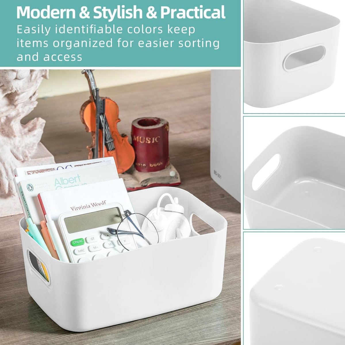 Pack of 10 storage boxes, plastic storage basket, kitchen cabinet organizer with handles, baskets, plastic box for bathroom, kitchen, pantry (white, medium)