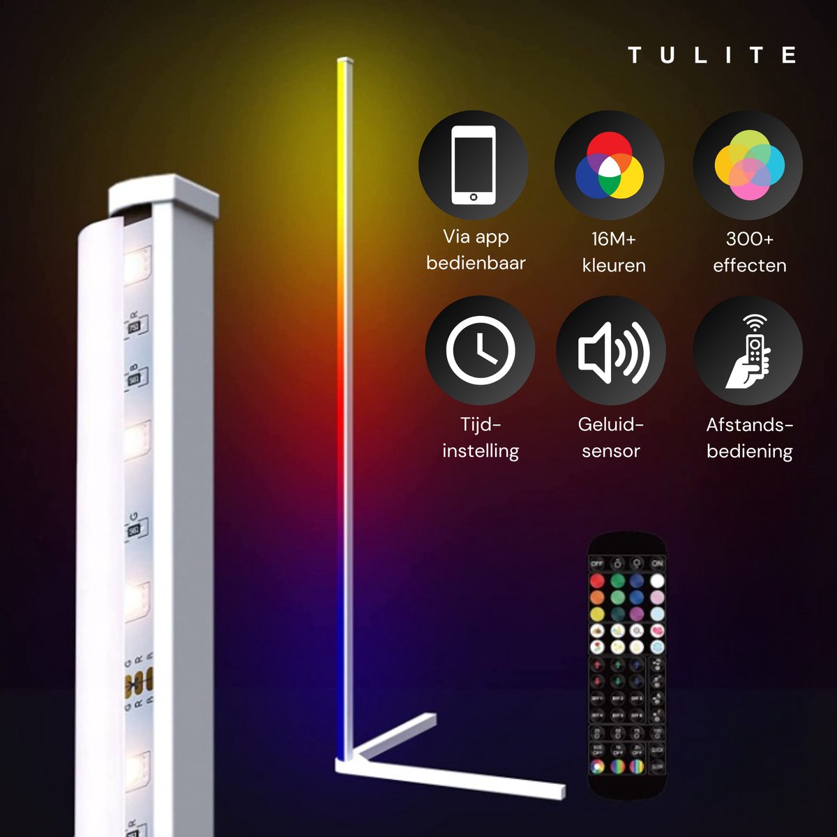 TULITE Moderne LED Vloerlamp RGB - App en afstandsbediening - Sfeerverlichting - Hoeklamp - Staanlamp - Led Verlichting Strip - Dimbaar - Voor Woonkamer - Kerstcadeau voor vrouwen/mannen - Wit