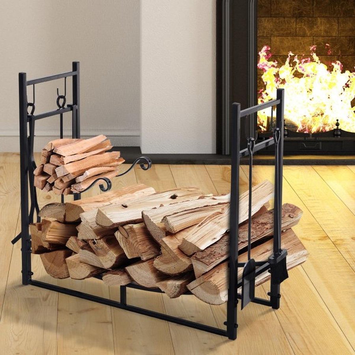 Log basket – Wood storage – Firewood storage – Wood basket – Black – Indoor and outdoor - 84 x 33 x 76 cm