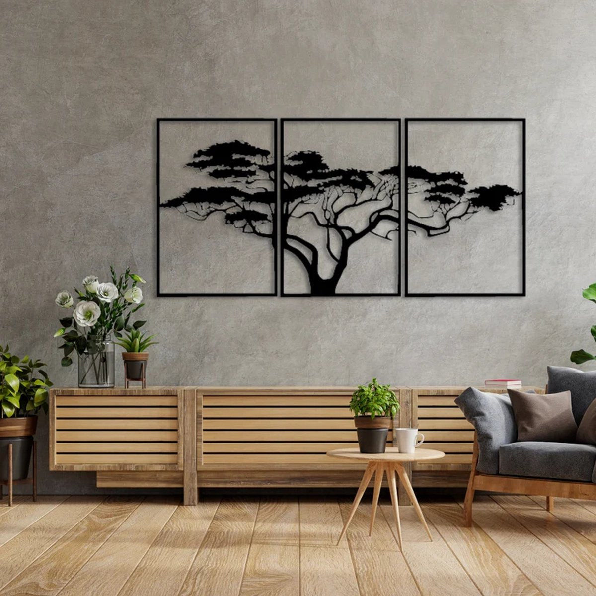 3 stuks Afrikaanse Levensboom moderne deco wanddecoratie - XL- Wanddecoratie - Zwart - Houten art - Muurdecoratie - Line art - Wall art - Bohemian - Wandborden - Woonkamer - 140x70 cm - wanddecoratie woonkamer - 3 stuks Afrikaanse Levensboom