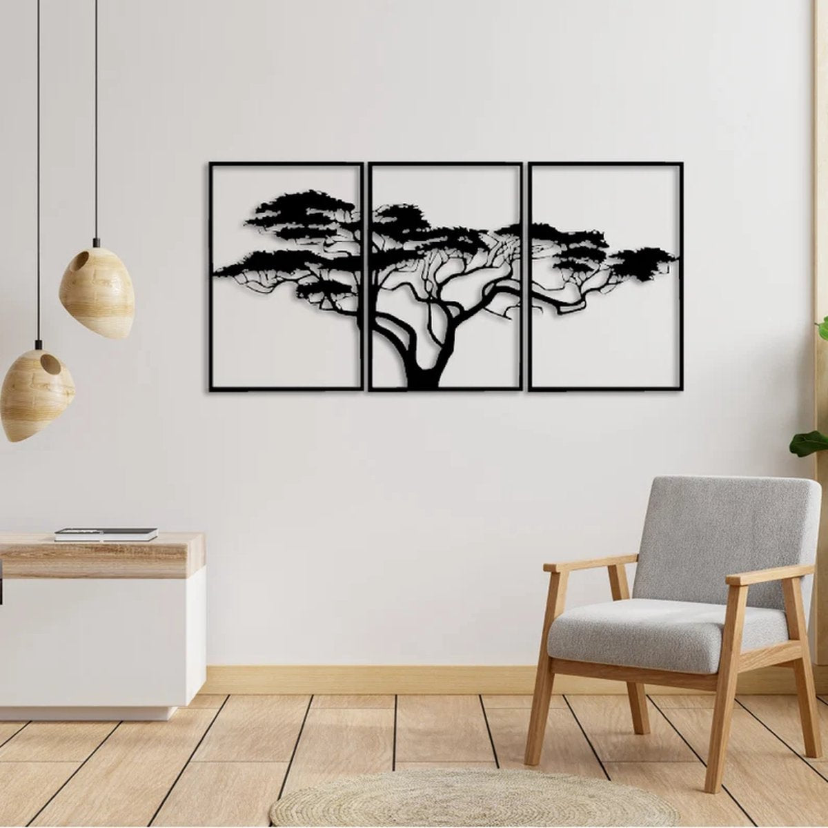 3 stuks Afrikaanse Levensboom moderne deco wanddecoratie - XL- Wanddecoratie - Zwart - Houten art - Muurdecoratie - Line art - Wall art - Bohemian - Wandborden - Woonkamer - 140x70 cm - wanddecoratie woonkamer - 3 stuks Afrikaanse Levensboom