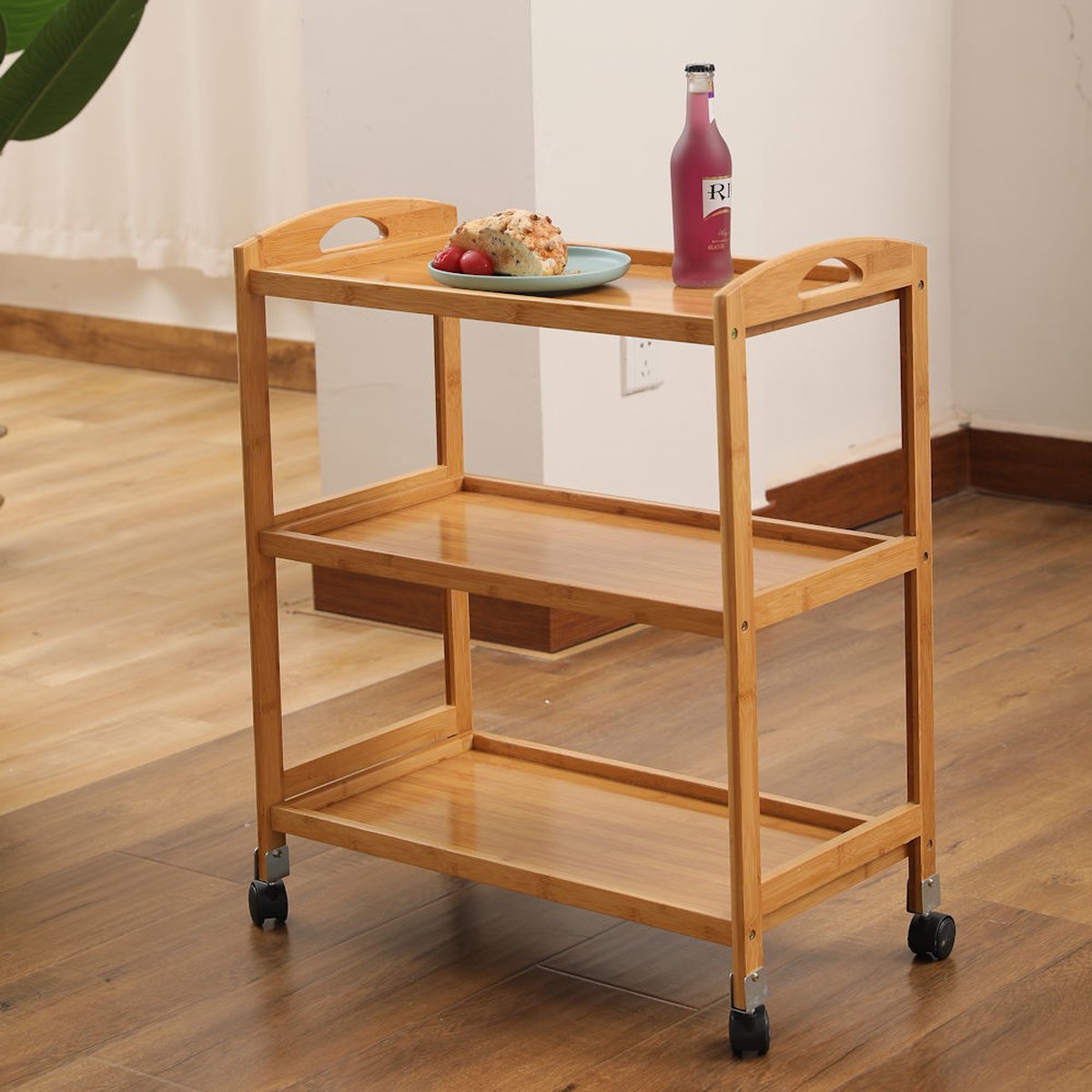 Decopatent® Keukentrolley op wieltjes - 3 laags bamboe houten keukenwagen - serveerwagen trolley met 4 wielen - keukentrolley