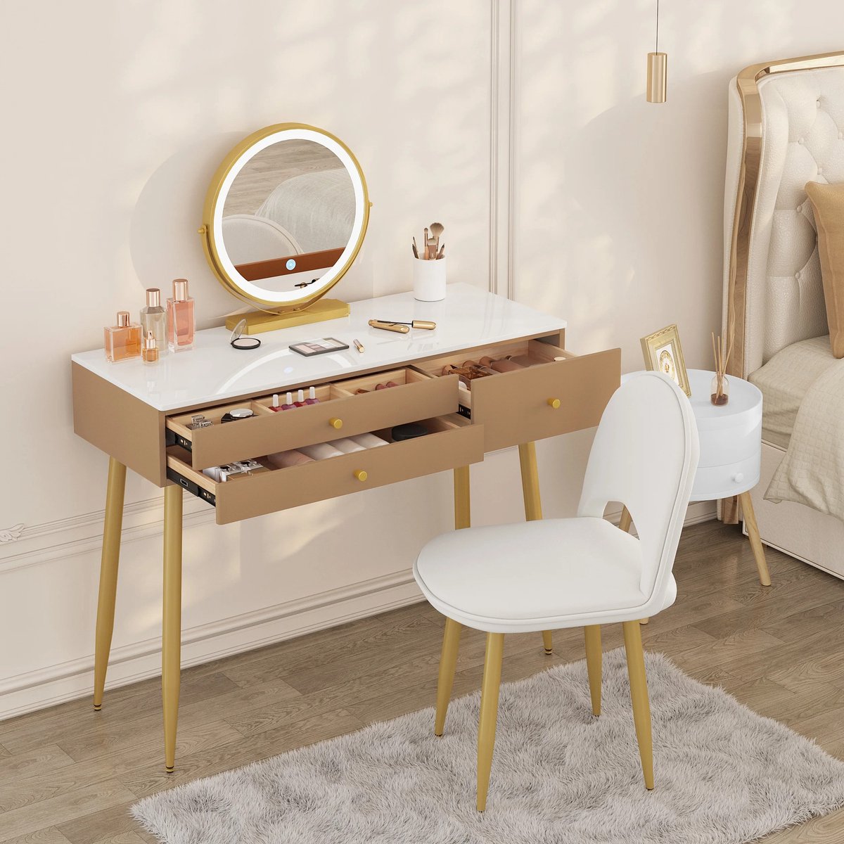 Decotopia - Dressing Table - Make-up Table - Set - With Mirror - With Lighting - With Chair - Khaki