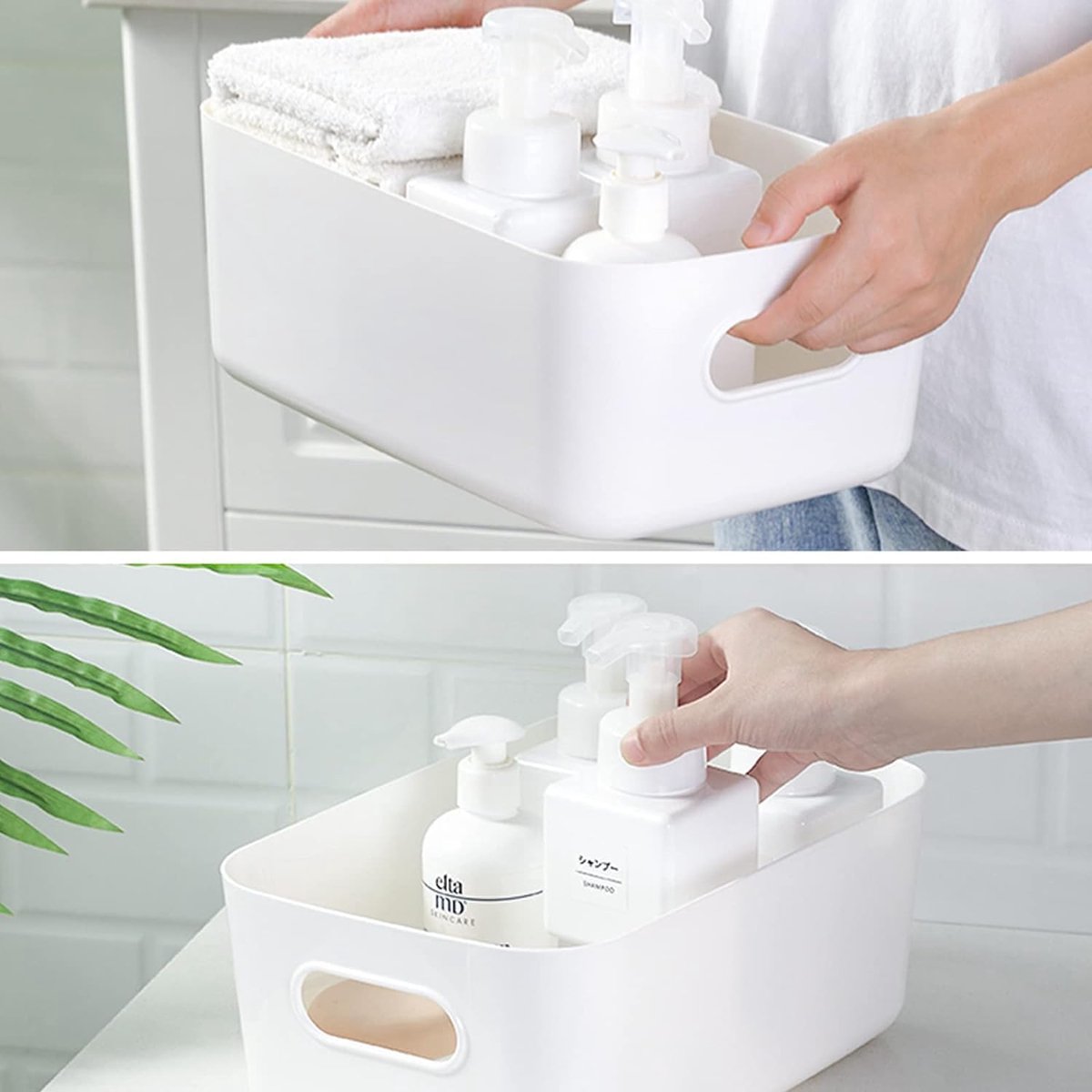 Pack of 10 storage boxes, plastic storage basket, kitchen cabinet organizer with handles, baskets, plastic box for bathroom, kitchen, pantry (white, medium)