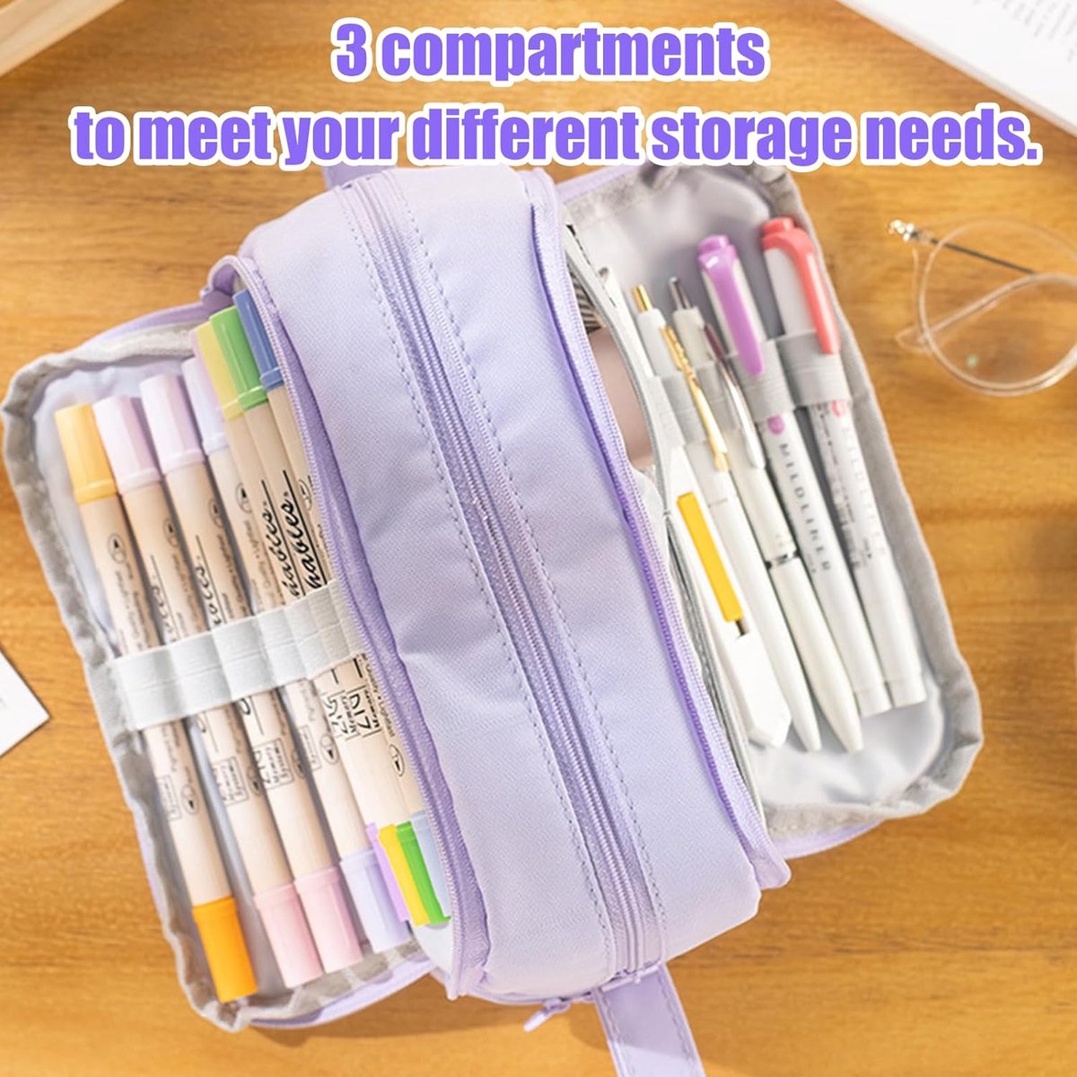 Large pencil case with 3 compartments for sorting stationery, pencil case for girls, pencil case for teenagers and pencil case, practical handheld design (purple),
