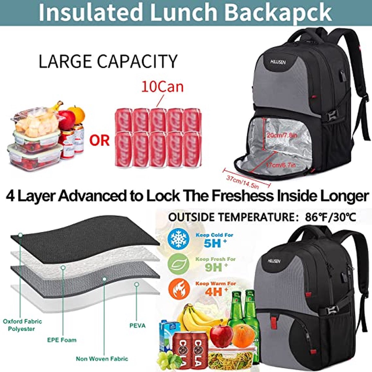 Large backpack for men, 50 litres, work backpack, laptop backpack for men, 17.3 inch school backpack with USB charging port