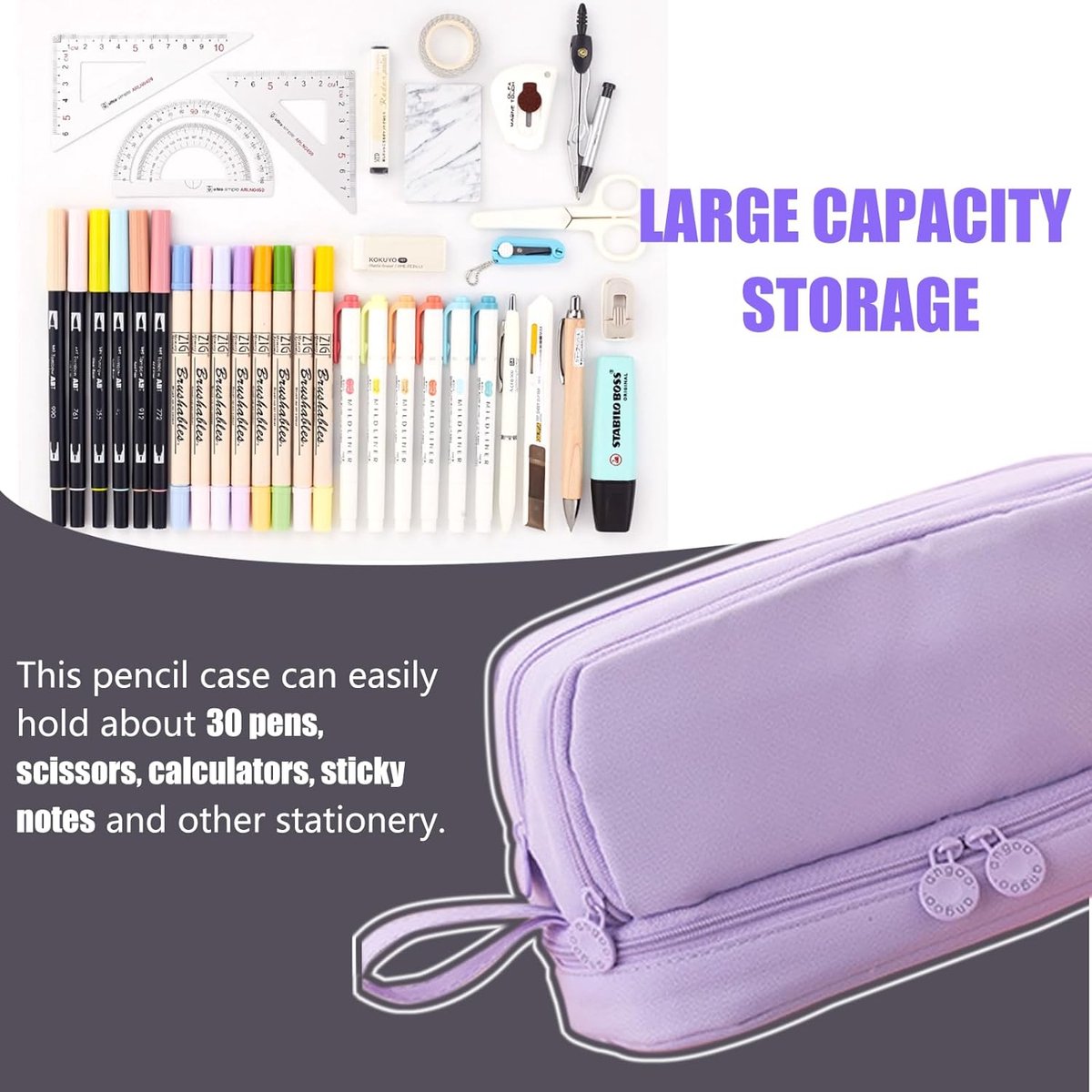 Large pencil case with 3 compartments for sorting stationery, pencil case for girls, pencil case for teenagers and pencil case, practical handheld design (purple),