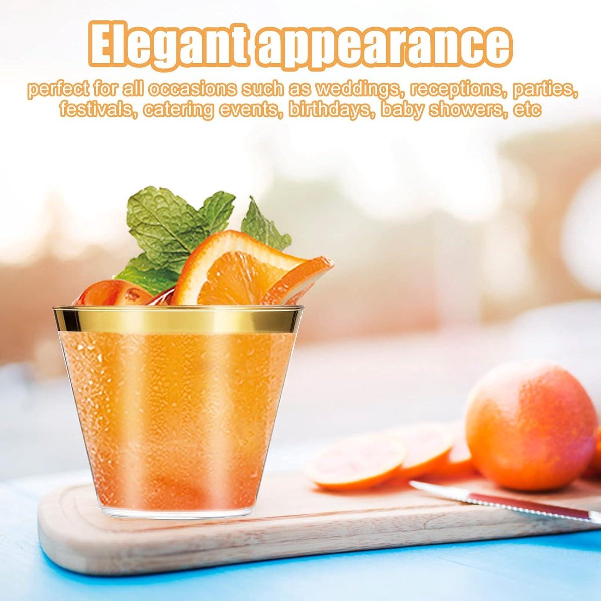 Reusable drinking cups with gold rim - 80 pieces - 270 ml - elegant party glasses - for home decoration party wedding - birthday picnic shot glasses plastic disposable