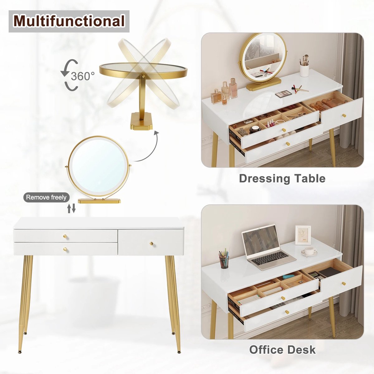 Decotopia - Dressing Table - Make-up Table - Set - With Mirror - With Lighting - With Chair - Khaki