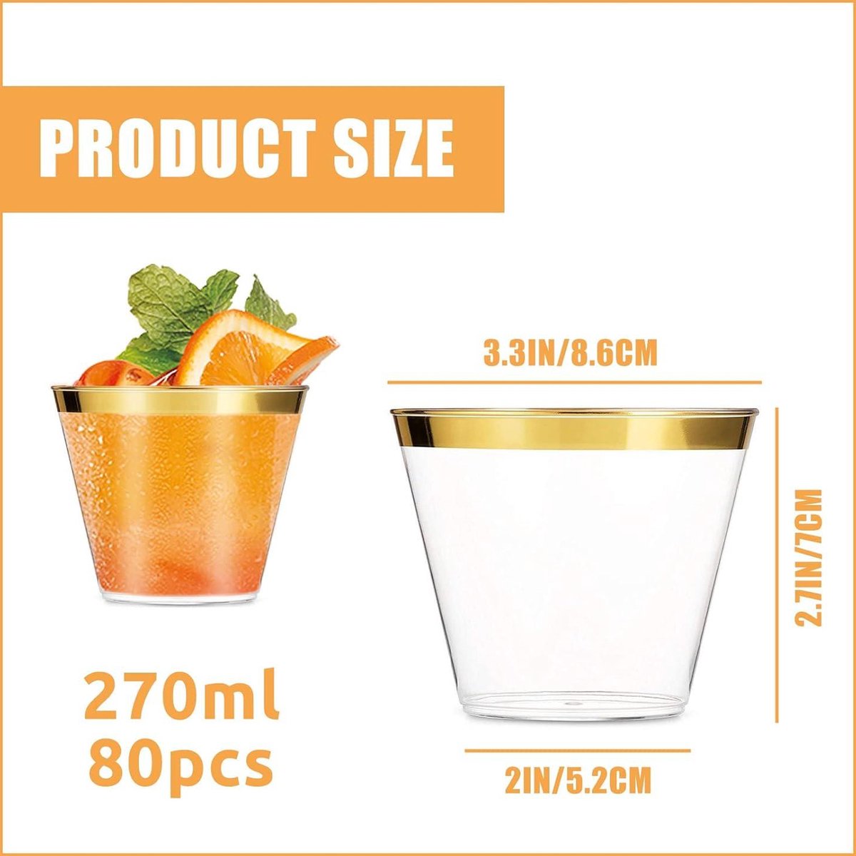 Reusable drinking cups with gold rim - 80 pieces - 270 ml - elegant party glasses - for home decoration party wedding - birthday picnic shot glasses plastic disposable