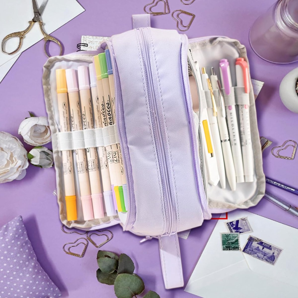 Large pencil case with 3 compartments for sorting stationery, pencil case for girls, pencil case for teenagers and pencil case, practical handheld design (purple),