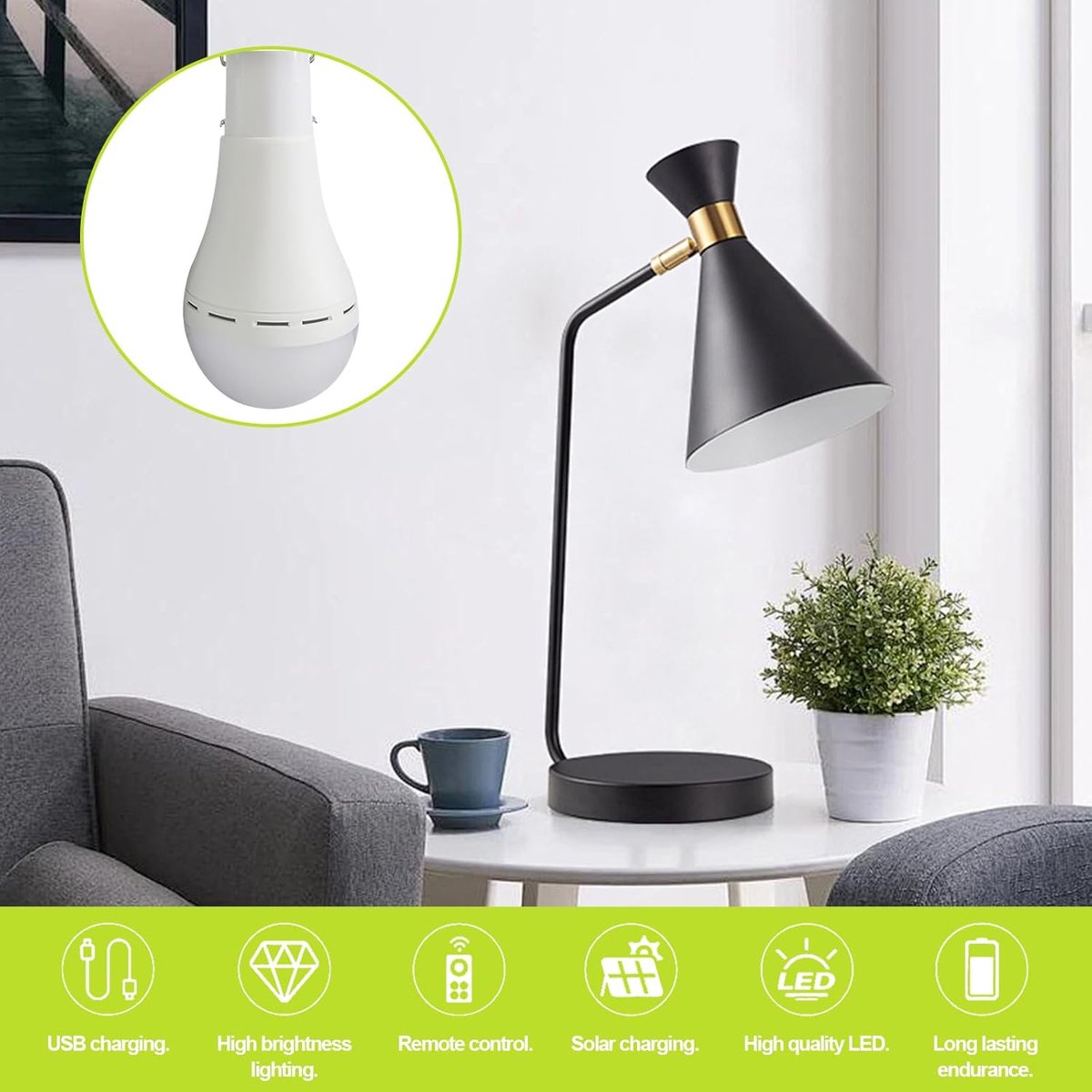 Oplaadbare USB-gloeilamp, 2 stuks, 12 W, USB, oplaadbaar, met afstandsbediening, draadloze afstandsbediening, lamp voor lamp, niet bekabeld, voor binnen, camping