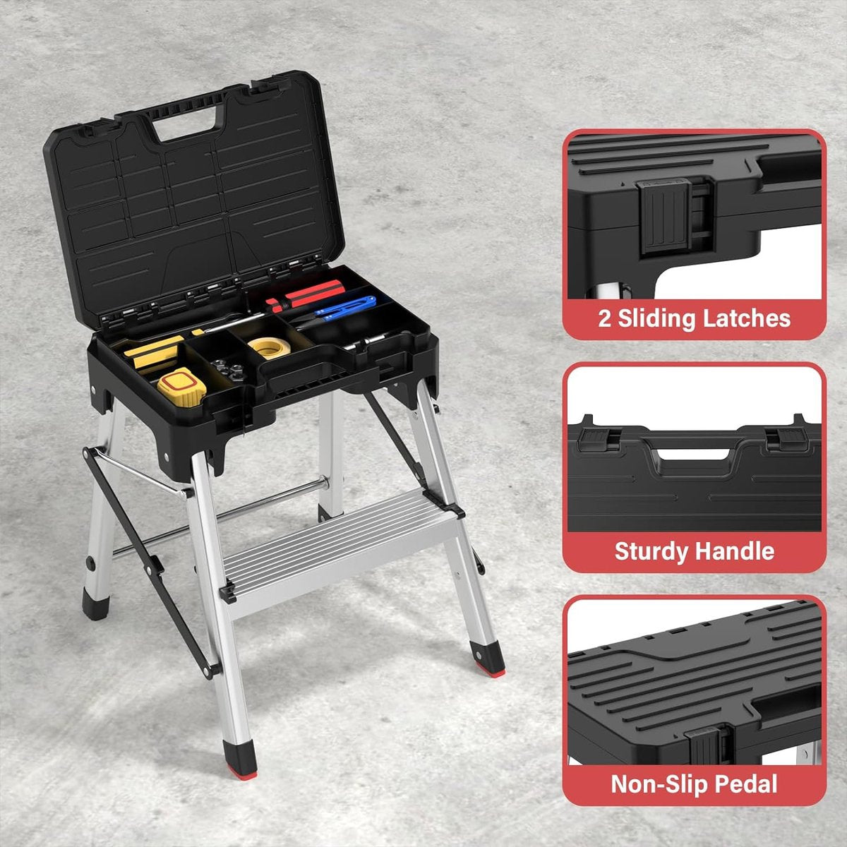 Folding Ladder, Aluminum Step Ladder, 2-in-1 Step Stool with Tool Storage, Portable Folding Stool, Household Ladder, Holds up to 150 kg, 2 Steps
