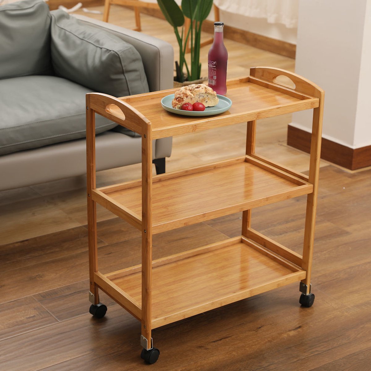 Decopatent® Keukentrolley op wieltjes - 3 laags bamboe houten keukenwagen - serveerwagen trolley met 4 wielen - keukentrolley