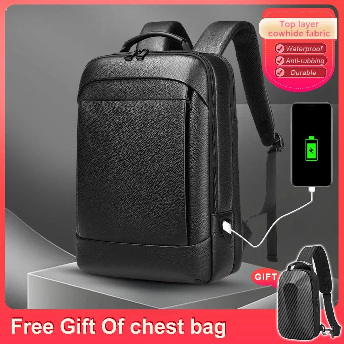 2024 New Genuine Leather Backpack for Men - Top Layer Cowhide - Business and Casual - Waterproof - Suitable for 15.6 Inch Laptop with USB Port - Ideal for Work, Business, and Travel